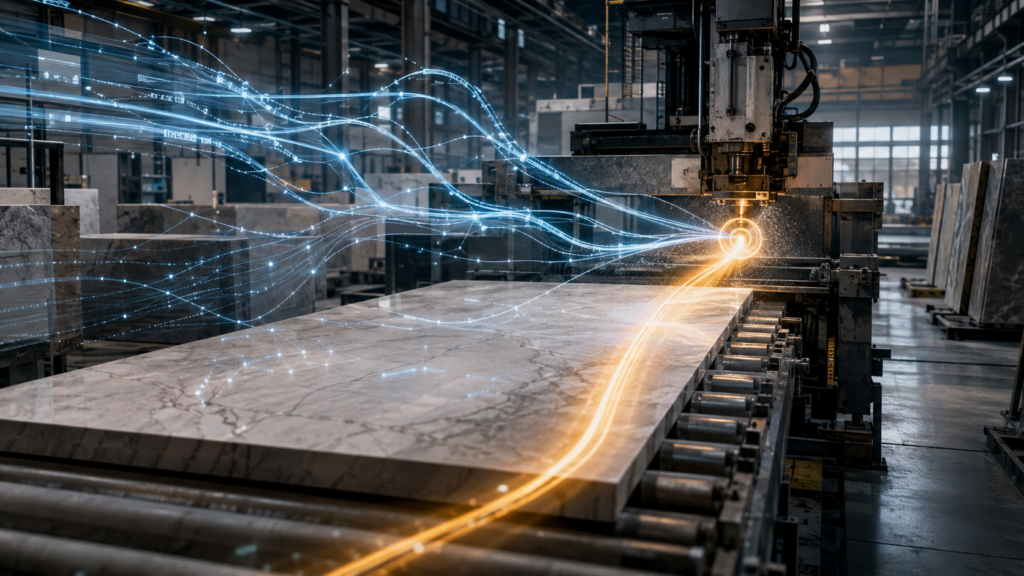 AI data streams converging on a constraint in a stone fabrication production line.
