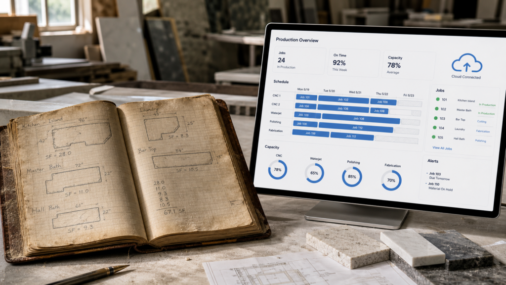 Dusty countertop measurement ledger beside a cloud-based production dashboard.