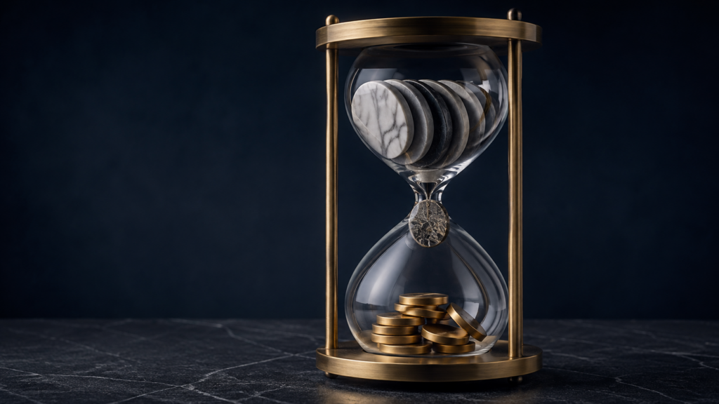 Round stone discs pass through an hourglass bottleneck as value accumulates below, illustrating constrained capacity in stone fabrication.