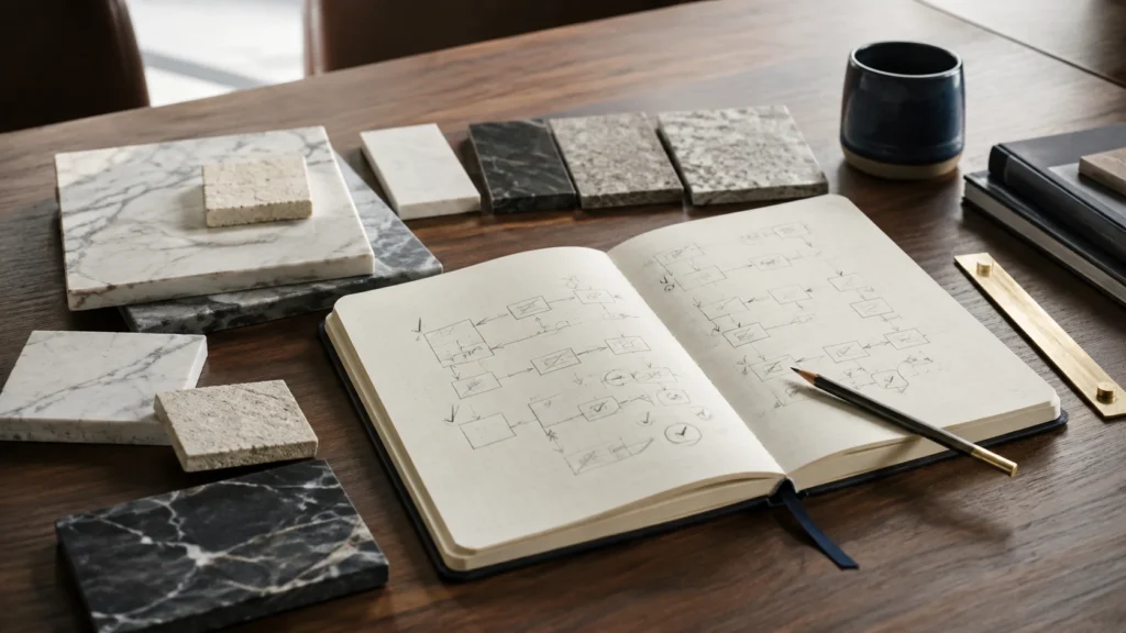 Open process notebook with iterative flow diagrams beside natural stone samples, representing a fabrication team turning daily problems into operating knowledge.