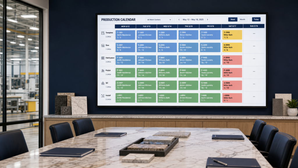 Organized countertop production calendar displayed in a fabrication company conference room.