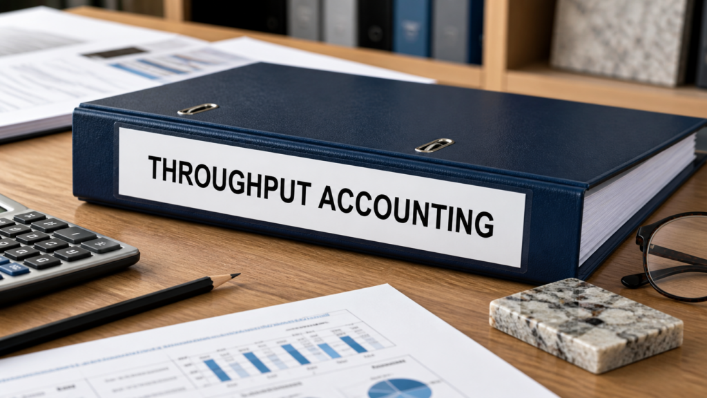 Throughput Accounting binder on an accountant's desk with calculator and stone sample.