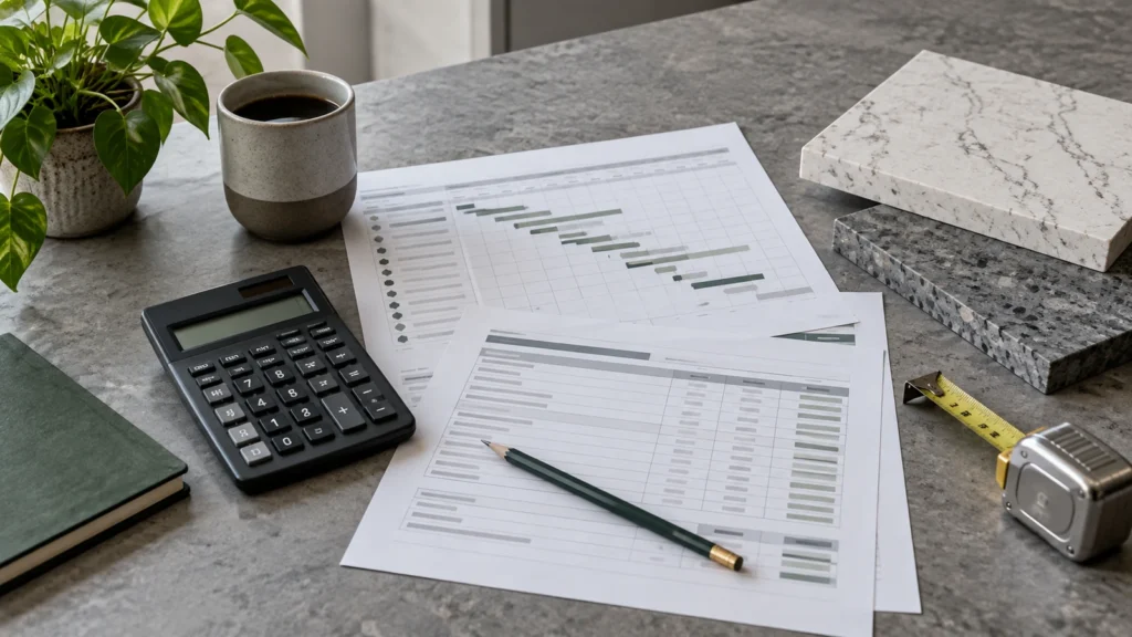 Calculator, production schedule, financial worksheet, tape measure, and stone samples arranged for an operating review.