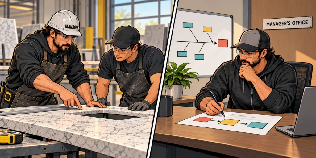 Two-panel comic showing the same fabrication manager helping with an urgent shop-floor problem and later analyzing root causes in the manager's office.