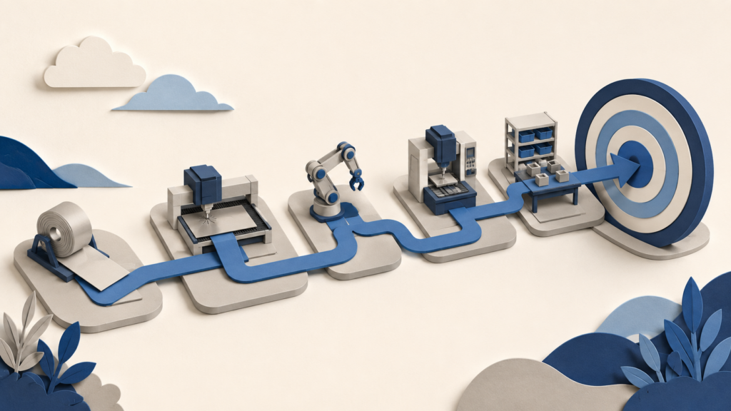 Connected production workstations leading toward a shared target.