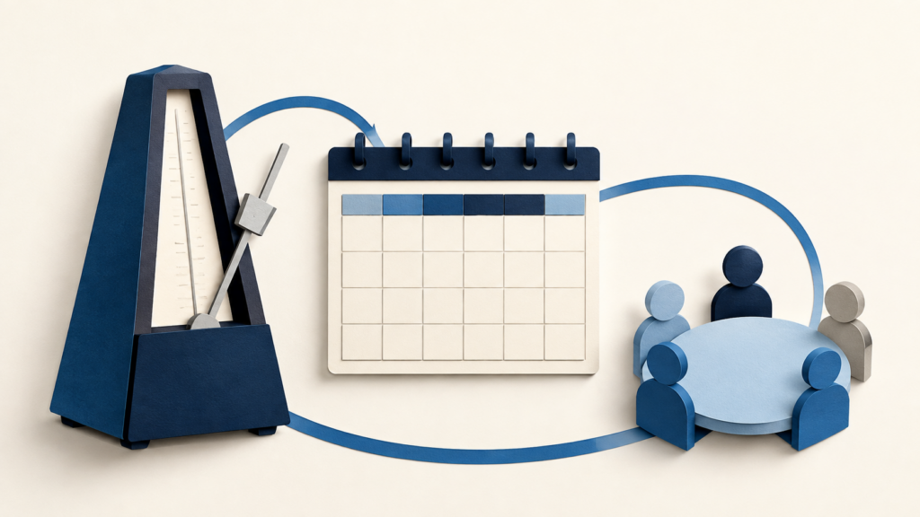 A metronome, calendar, and meeting table linked by a blue loop.