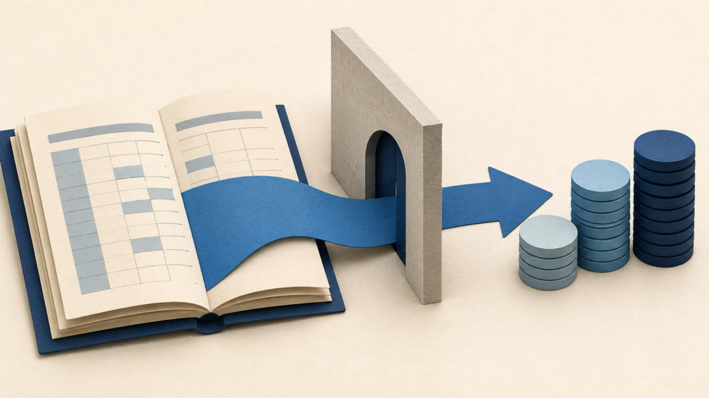 An accounting ledger and blue arrow flowing through a narrow gate toward coin stacks.
