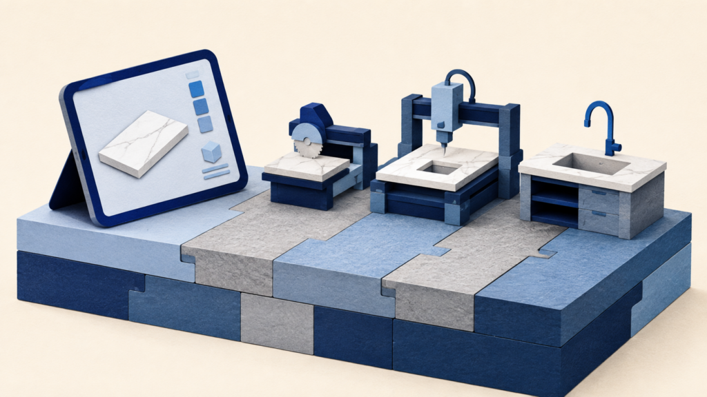 Technology and fabrication workstations supported by an interconnected foundation.