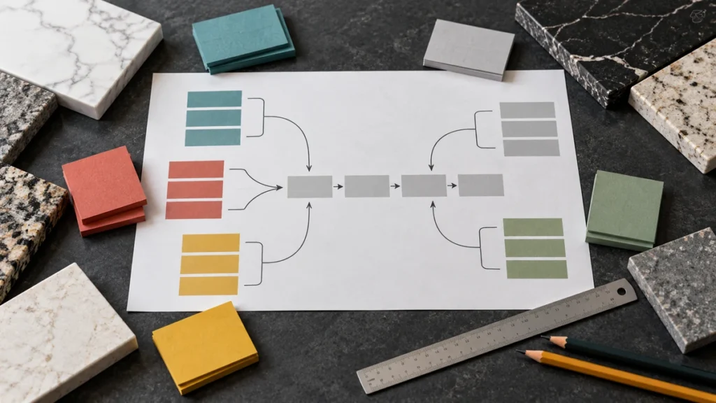 Overhead editorial still life of a shared flow map, department notes, and stone samples converging around one management plan.