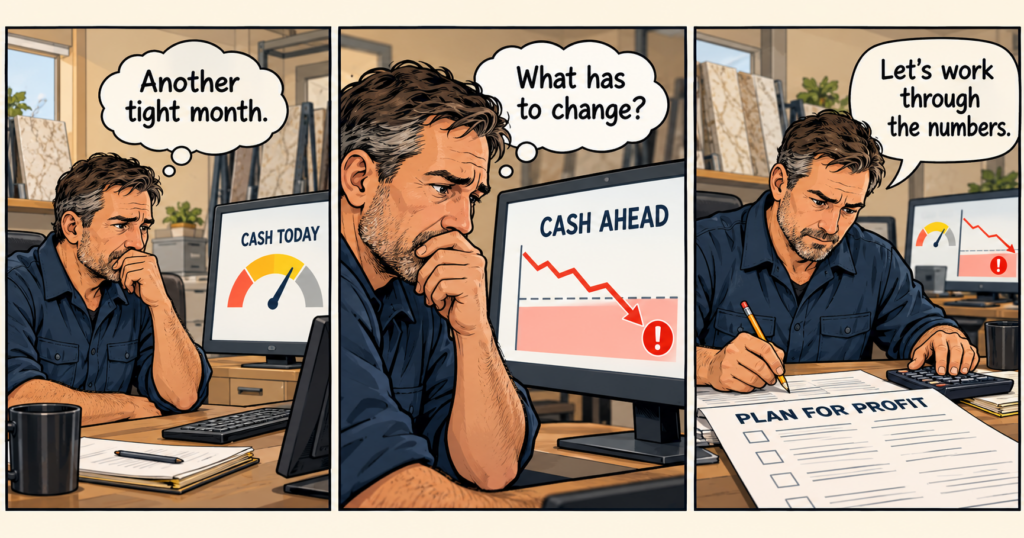 Three-panel comic: a countertop shop owner sees a yellow cash-position warning, a red cash-flow forecast, and begins working through a plan for profit.