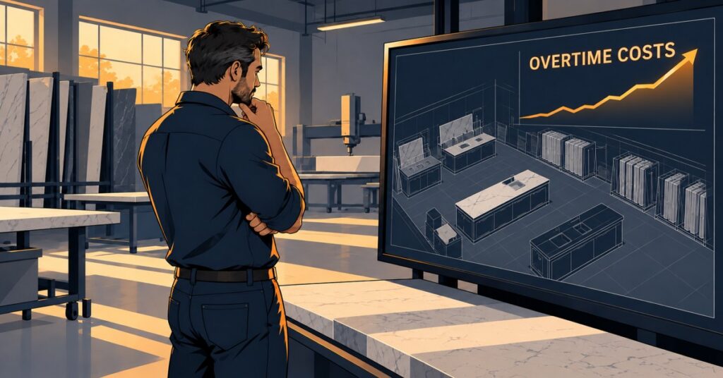 Graphic novel illustration of a thoughtful fabrication owner viewing a workshop blueprint and an upward trend labeled OVERTIME COSTS.
